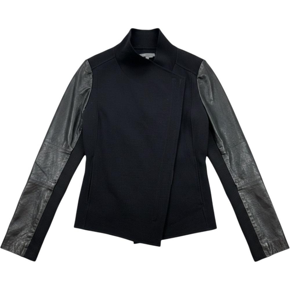 Vince Mixed Media Wool Jacket Leather Sleeves Black Asymmetric Funnel Neck M